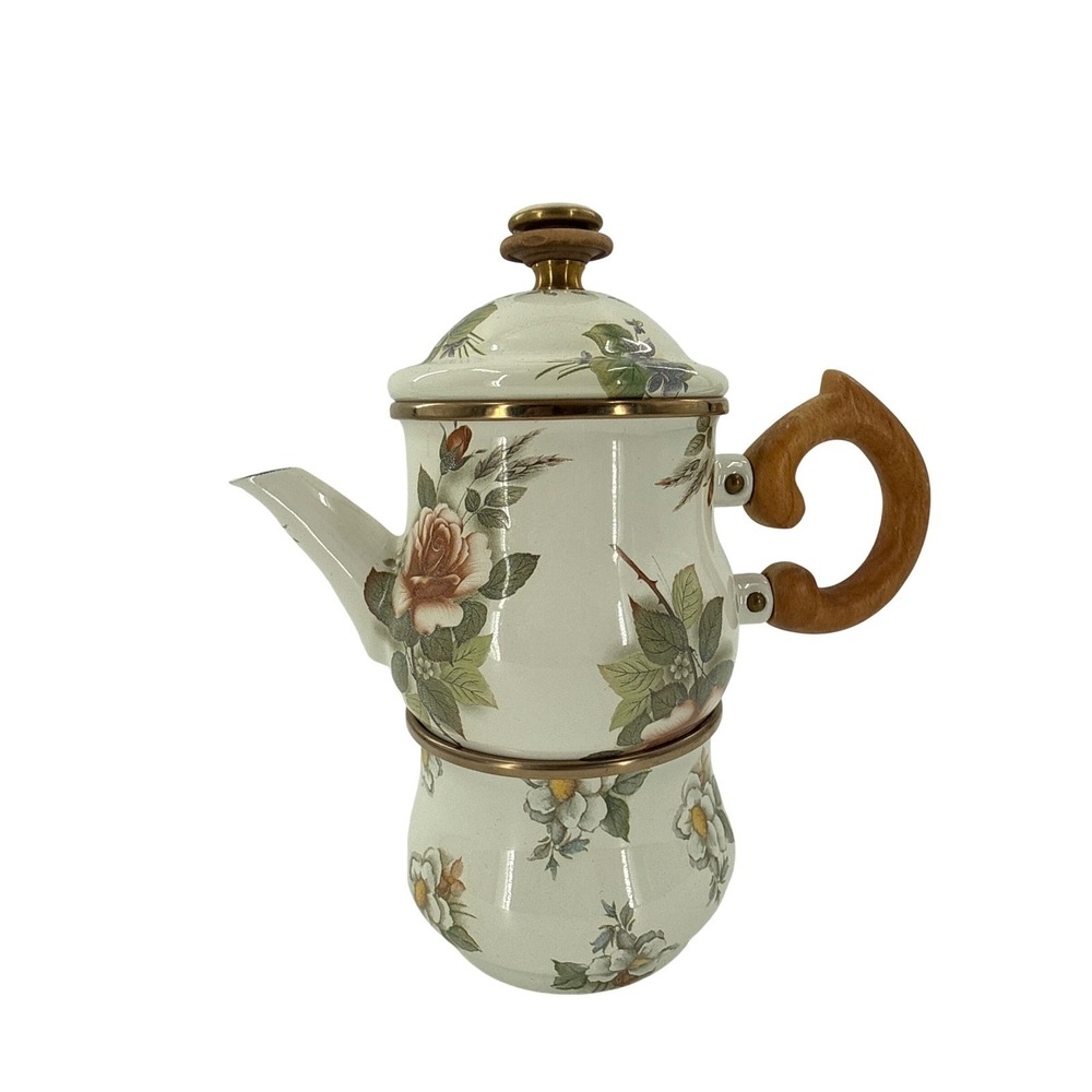 MacKenzie Childs‎ Camp Rose Coffee Pot Sugar Bowl Set Cream Floral Enamel